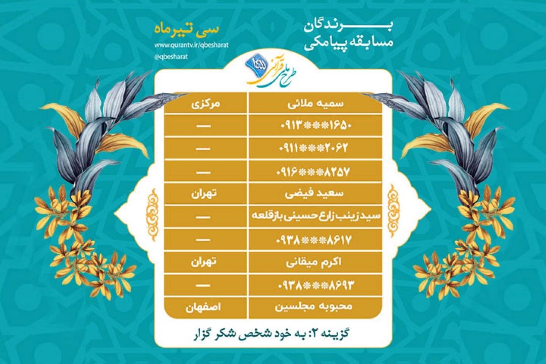 اعلام برندگان مسابقه پیامكی روز چهارشنبه 30 تیرماه طرح ملی قرآنی 1455