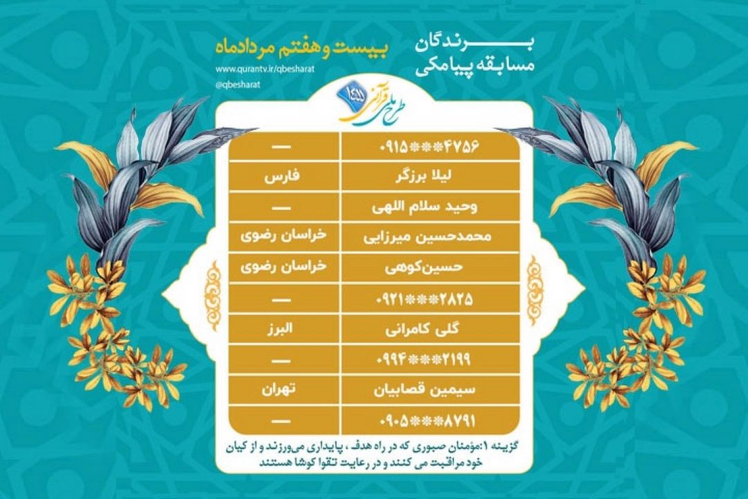 اعلام برندگان مسابقه پیامكی روز چهارشنبه 27 مرداد ماه طرح ملی قرآنی 1455