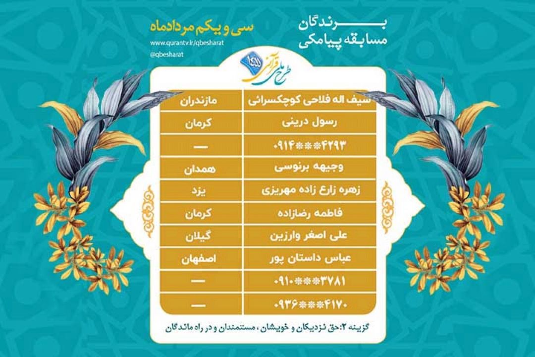 اعلام برندگان مسابقه پیامكی روز یكشنبه 31 مرداد ماه طرح ملی قرآنی 1455